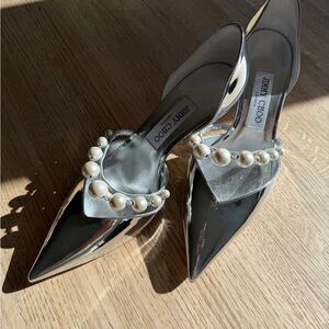 Jimmy Choo Patent Leather Pointed Pumps with Pearl Embellishment - Chrome